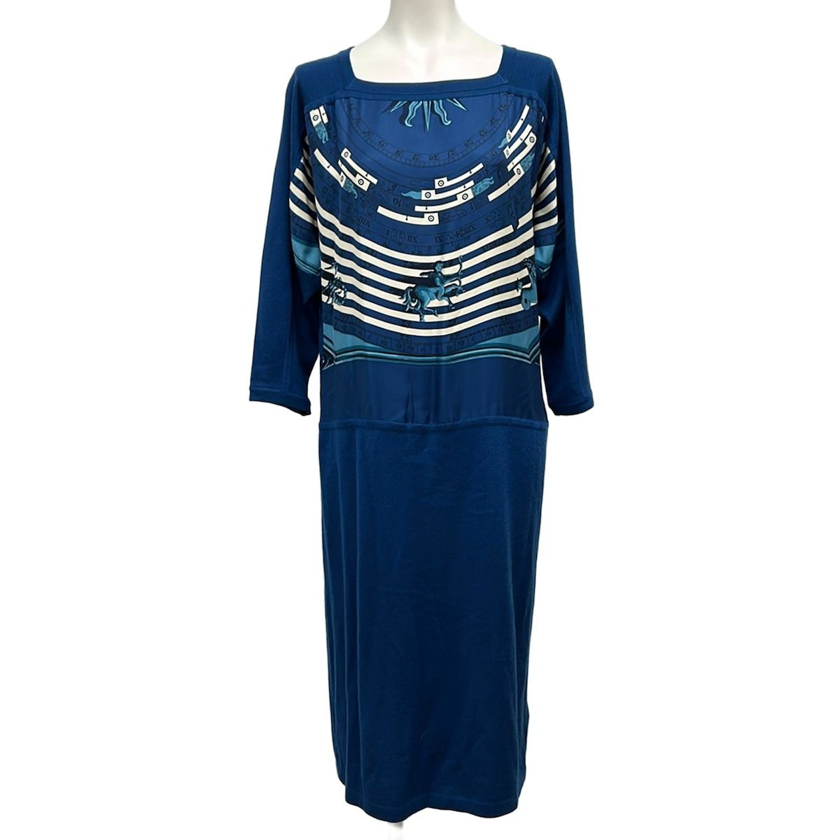 Hermes Dress 36 S Navy Ivory Light Blue Crew Neck Long Sleeve Long Dies Et Hore