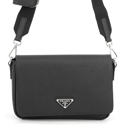 Prada Shoulder Bag Triangle Logo Saffiano Leather Black
