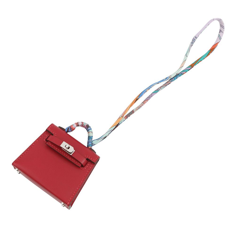 Hermes Bag Charm Kelly Tuili Rouge Vif Silver Tadelakt Silk