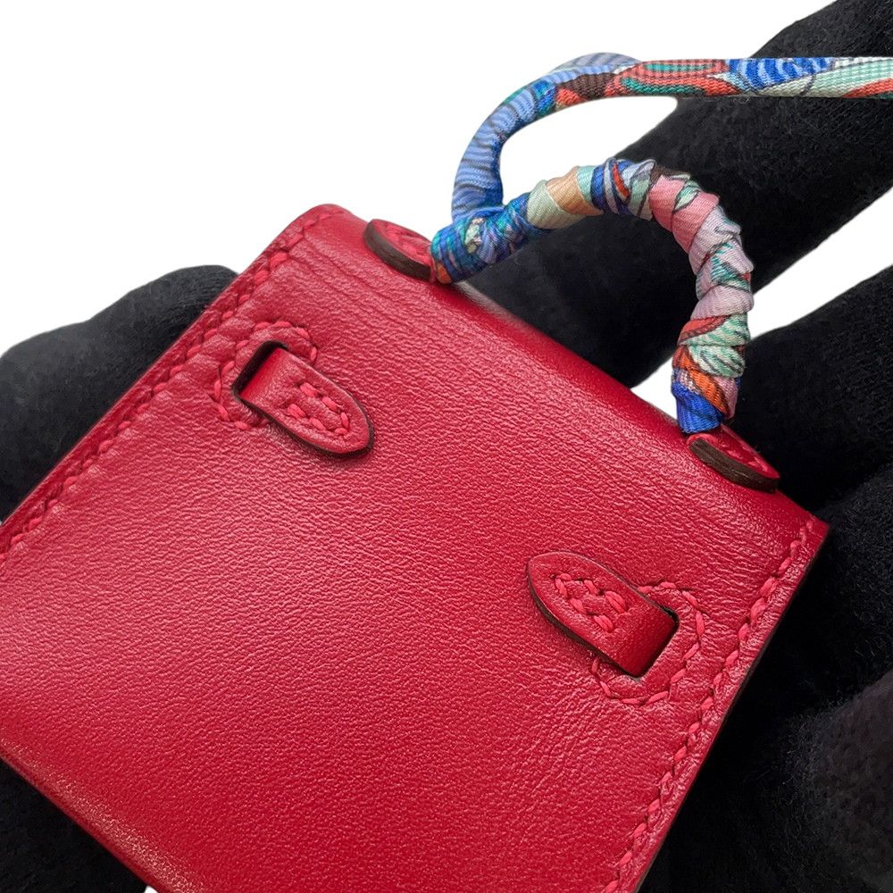 Hermes Bag Charm Kelly Tuili Rouge Vif Silver Tadelakt Silk — view 7
