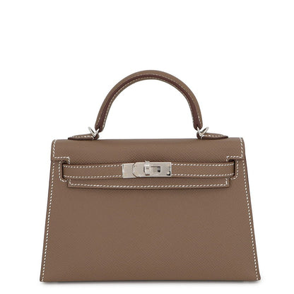 Hermes Handbag Mini Kelly Sellier Etoupe Silver Epsom 2-Way