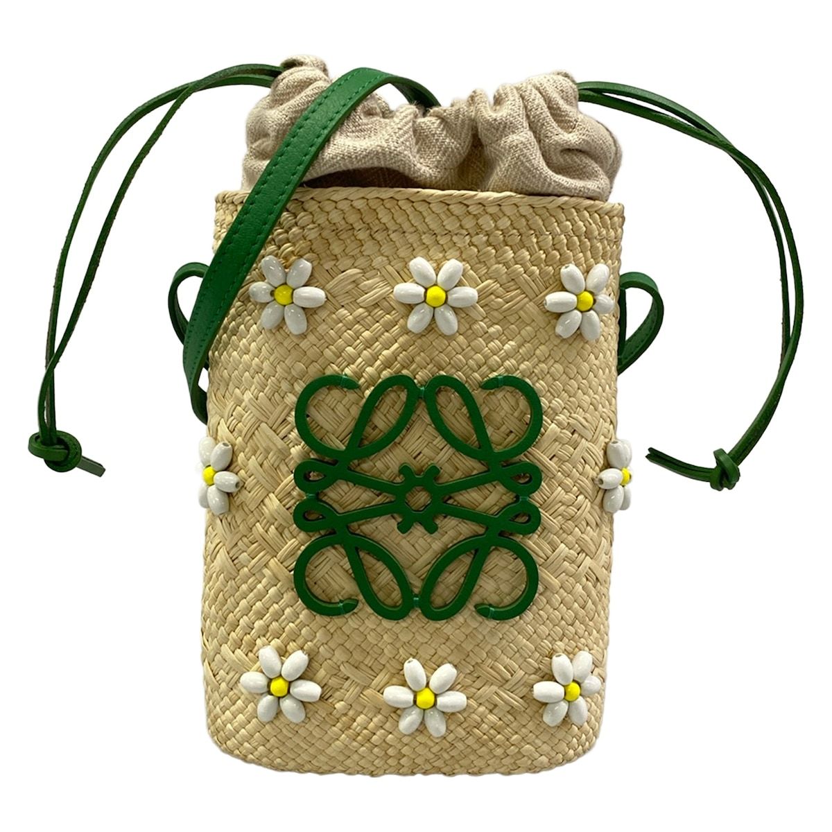 Loewe Shoulder Bag Square Pocket Ivory Green Multi Beads Flower Drawstring Braid
