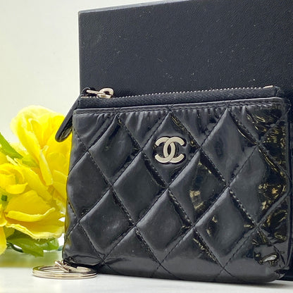Chanel Coin Case Wallet Key Ring CC Logo Black Enamel