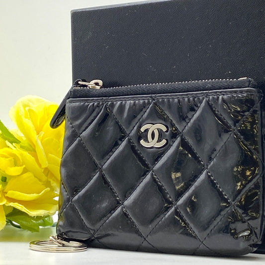 Chanel Coin Case Wallet Key Ring CC Logo Black Enamel