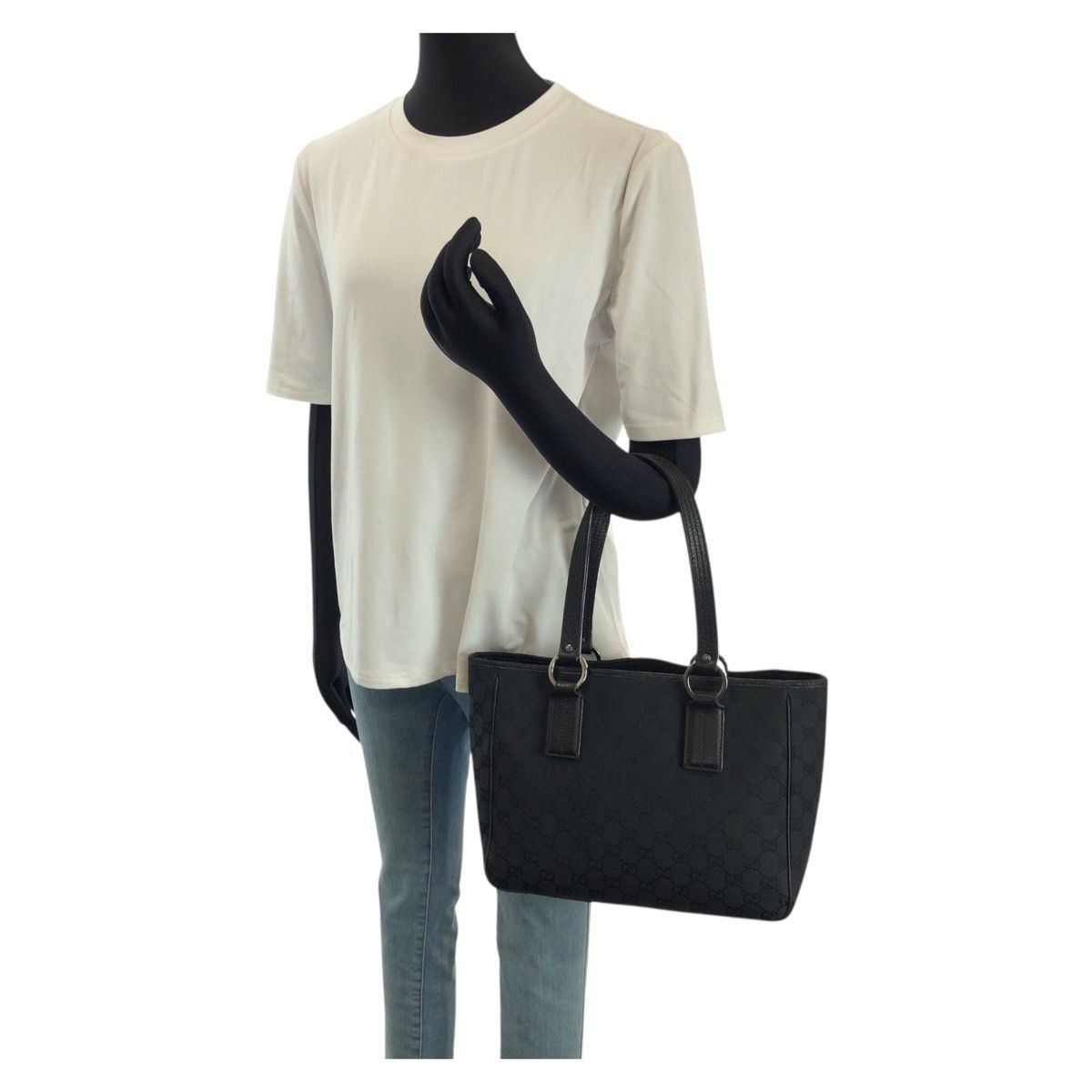 Gucci Black Silver GG Canvas Leather Tote Shoulder — view 7