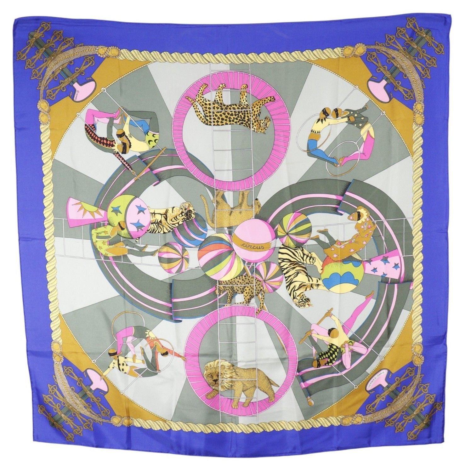 Hermes Carre 90 Circus Silk Blue Scarf