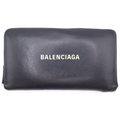 Balenciaga Logo Print Leather Round Zip Wallet Black
