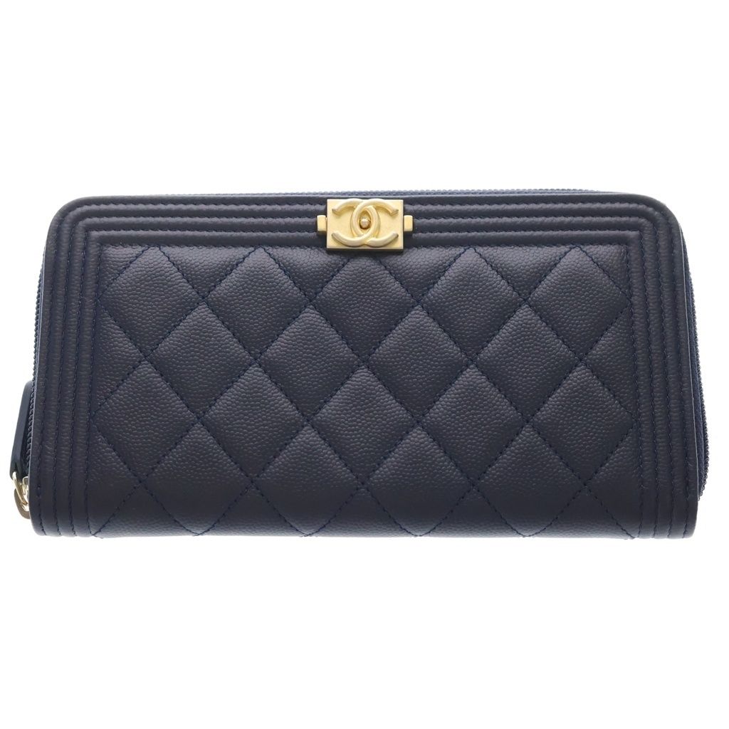 Chanel Boy Caviar Leather Round Zippy Wallet Gold Navy Seal