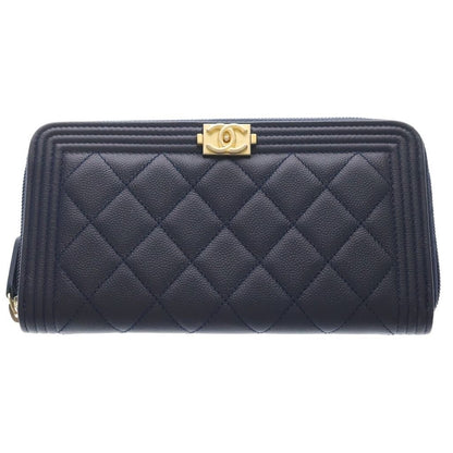 Chanel Boy Caviar Leather Round Zippy Wallet Gold Navy Seal