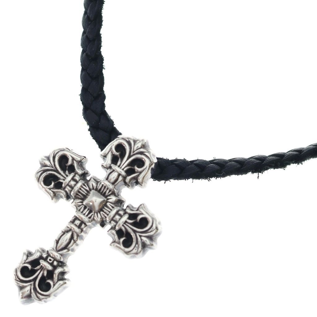 Chrome Hearts Filig Cross Xsm LB Filigree Leather Braid Necklace Silver