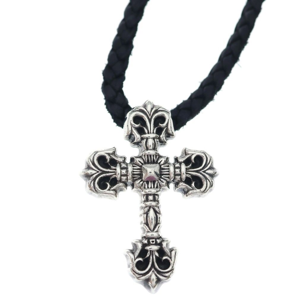 Chrome Hearts Filig Cross Xsm LB Filigree Leather Braid Necklace Silver — view 3