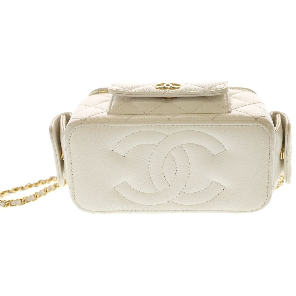 Chanel Quilted Chain Clutch Vanity Mini Shoulder Bag White Caviar Leather Gold — view 4