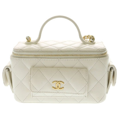 Chanel Quilted Chain Clutch Vanity Mini Shoulder Bag White Caviar Leather Gold