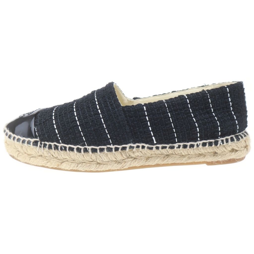 Chanel CC Logo Patent Leather Espadrilles Flat Shoes Black