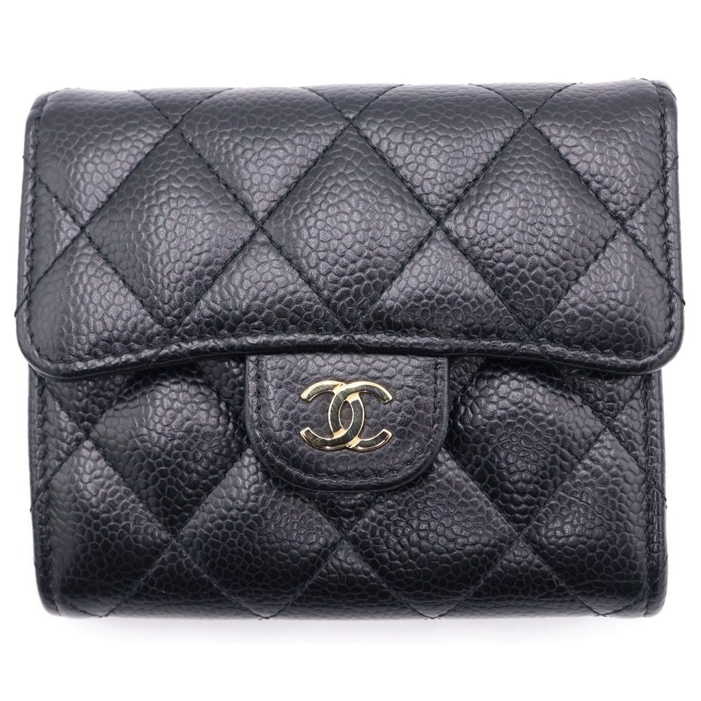 Chanel Classic Small Flap Wallet Trifold Coin Case Black Caviar Leather Gold