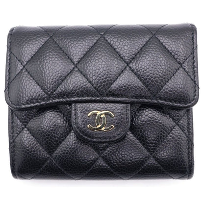 Chanel Classic Small Flap Wallet Trifold Coin Case Black Caviar Leather Gold