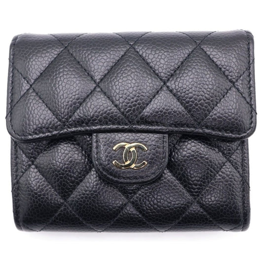 Chanel Classic Small Flap Wallet Trifold Coin Case Black Caviar Leather Gold