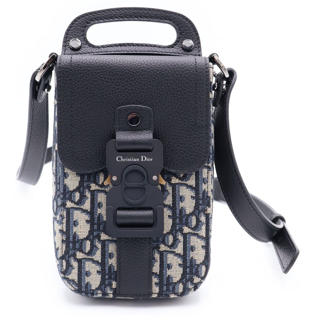 Dior Saddle Oblique Vertical Pouch Shoulder Bag Navy Black Canvas Leather Silver