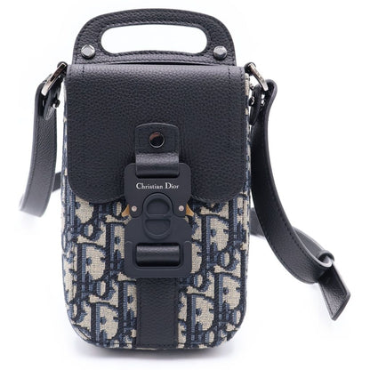 Dior Saddle Oblique Vertical Pouch Shoulder Bag Navy Black Canvas Leather Silver