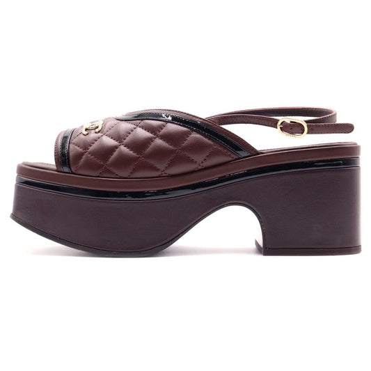 Chanel Quilted Lambskin Leather CC Logo Sling Back Platform Sandals Shoes Brown