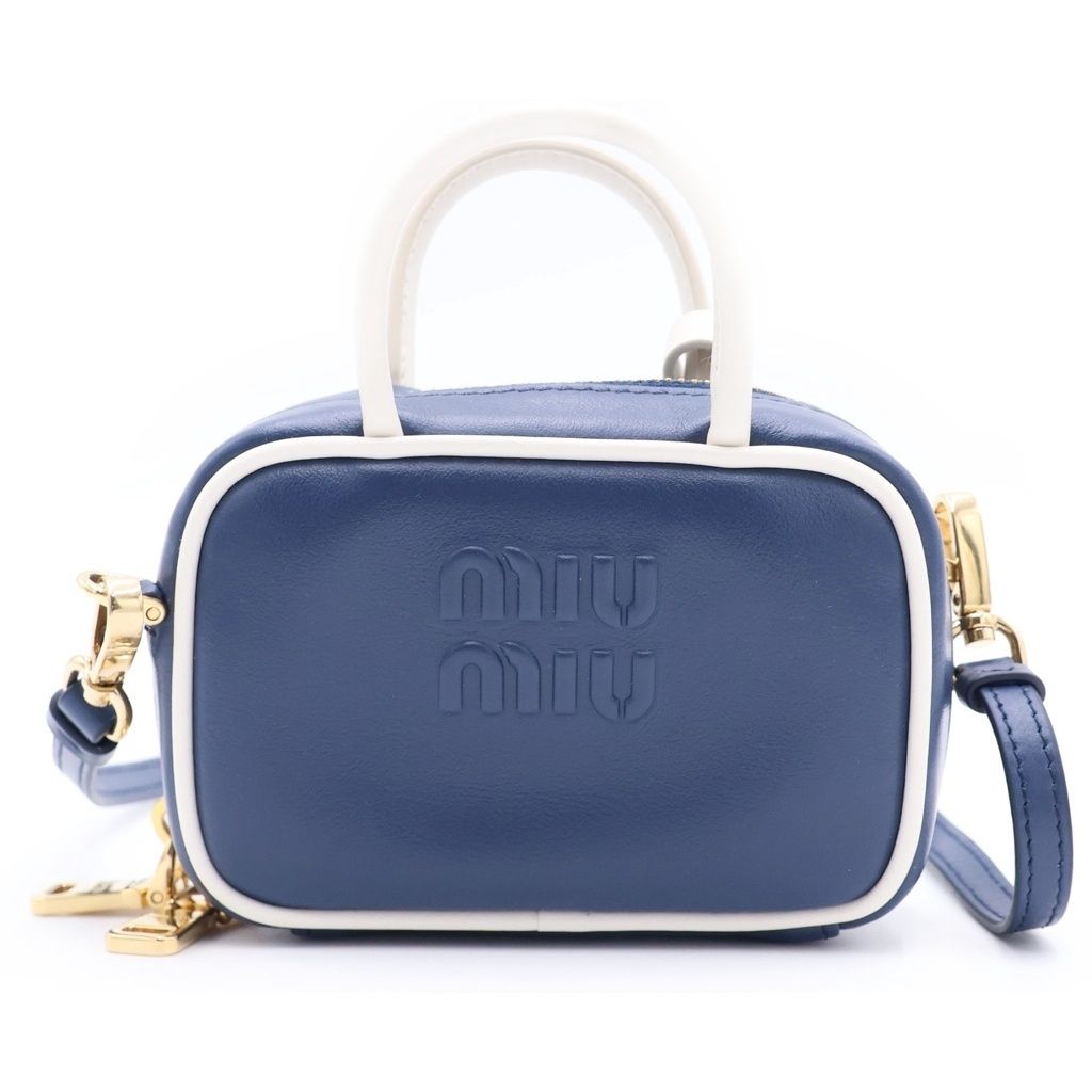 Miu Miu Beau Leather Micro Bag Logo Embossed Bag Charm Key Holder Blue White