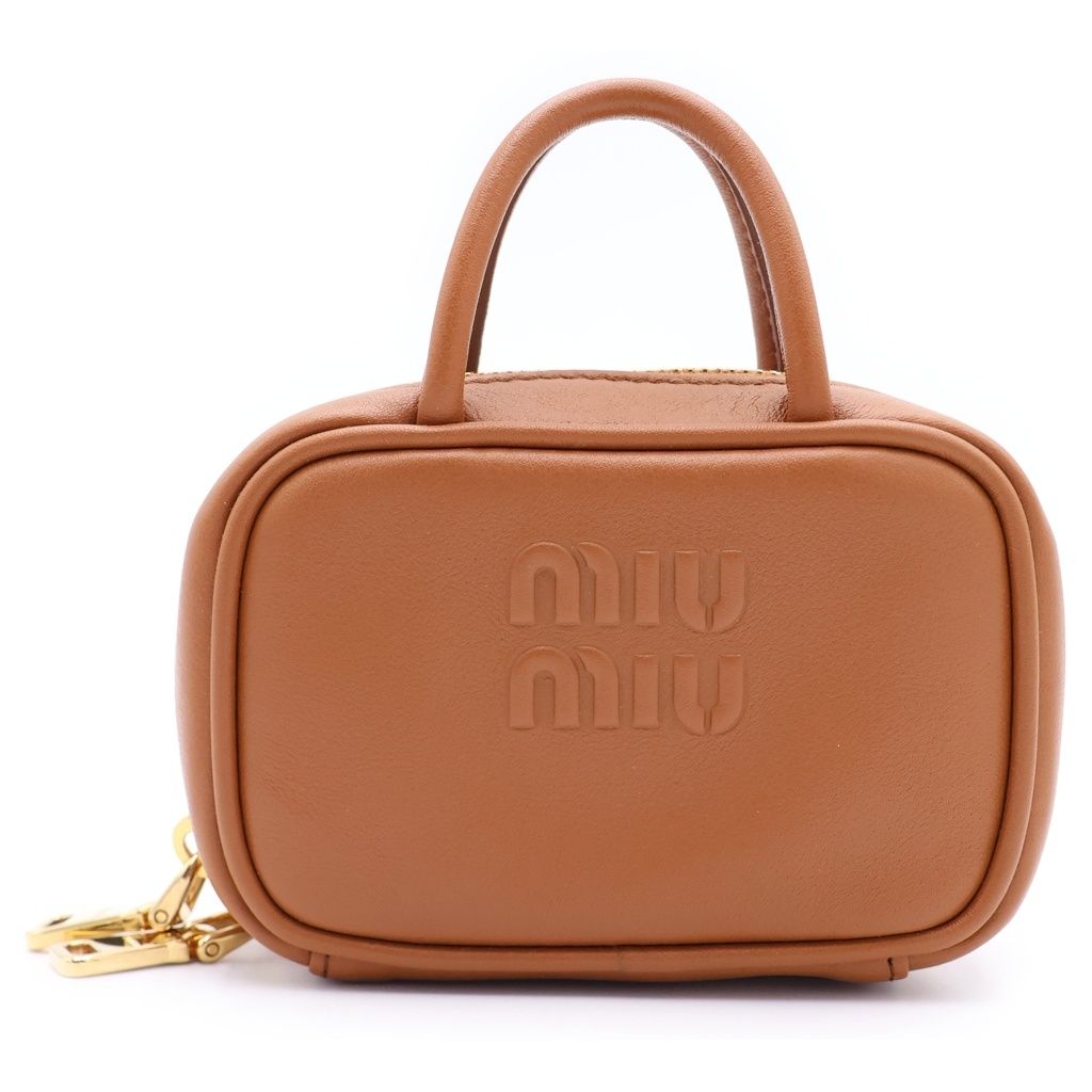 Miu Miu Beau Leather Micro Bag Logo Embossed Bag Charm Key Holder Brown