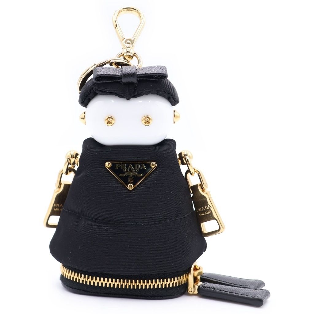 Prada Re-Nylon Soft Robot Bag Charm Key Ring Key Holder Black Gold
