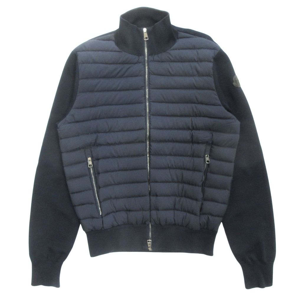 Moncler Maria Toriko Cardigan Knit Down Jacket Contrast Logo Leather M Navy