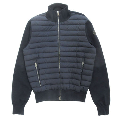 Moncler Maria Toriko Cardigan Knit Down Jacket Contrast Logo Leather M Navy