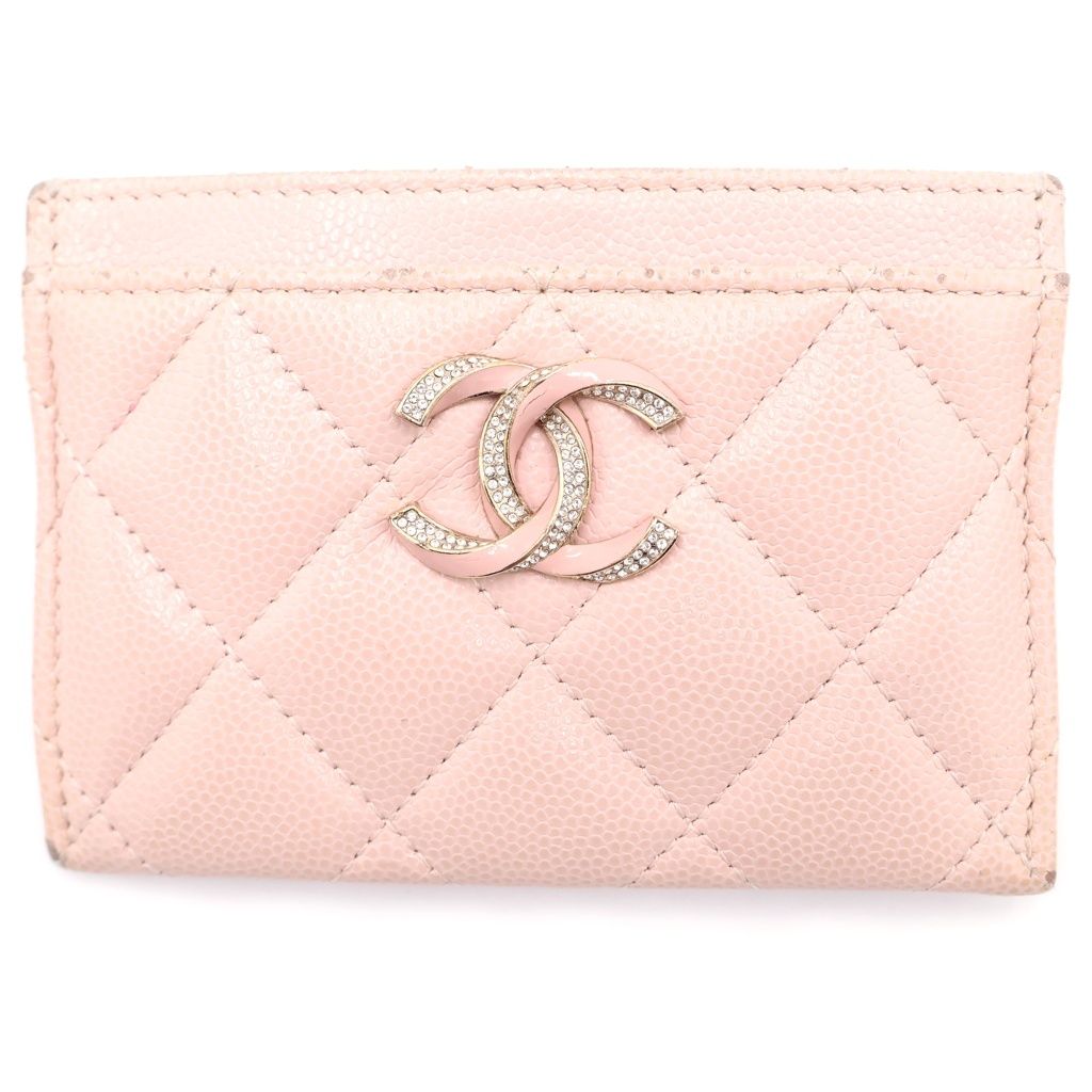Chanel Rhinestone Card Case Caviar Leather Pink