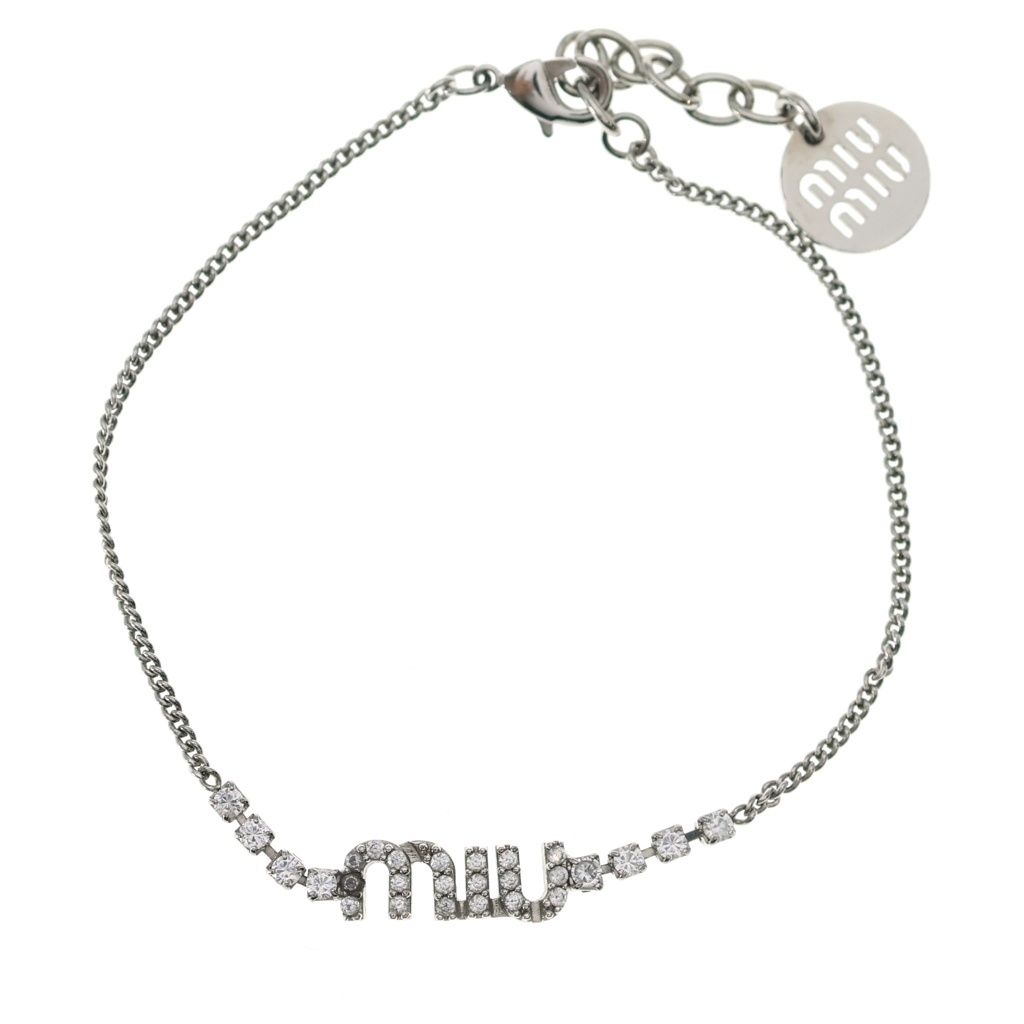 Miu Miu Rhinestone Logo Bracelet Plated Silver