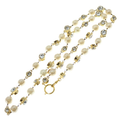 Chanel Long Necklace Rhinestone Faux Pearl Pendant White Gold Plated — view 2