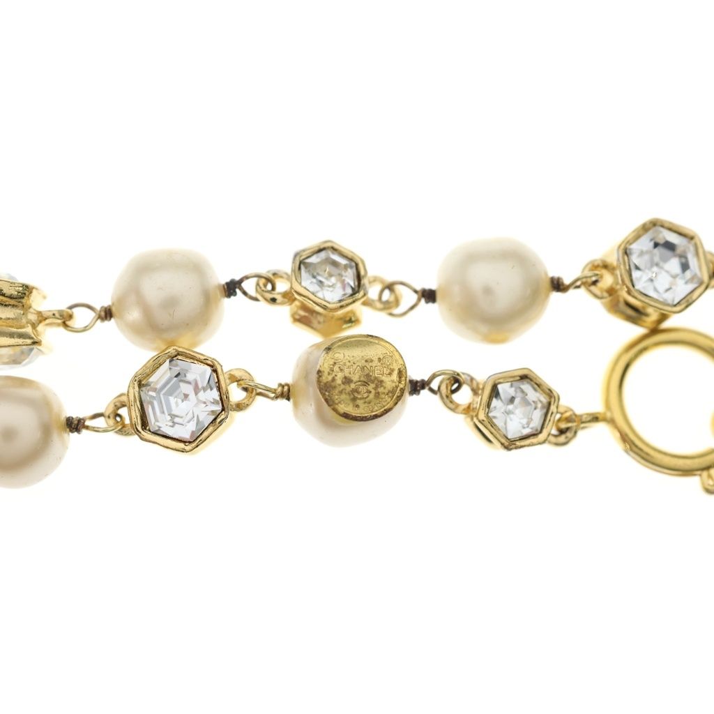 Chanel Long Necklace Rhinestone Faux Pearl Pendant White Gold Plated — view 5