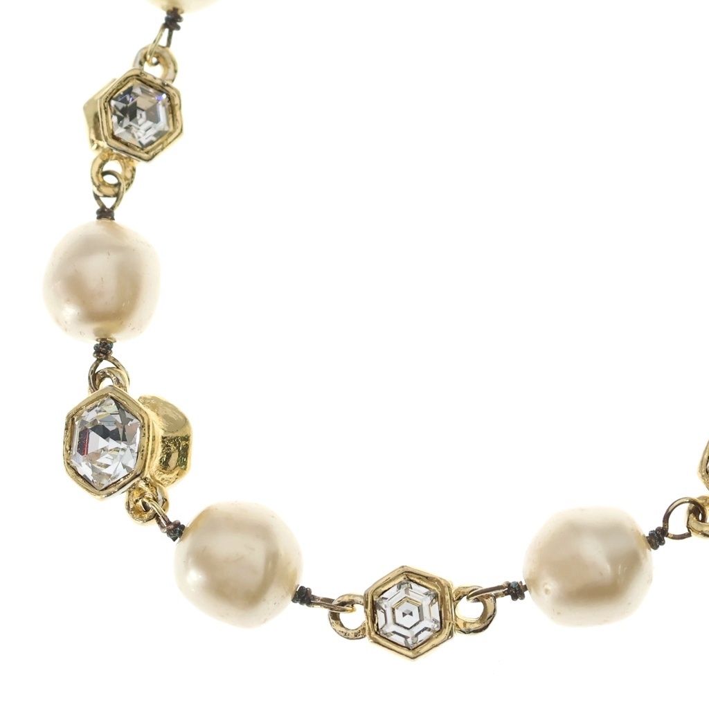 Chanel Long Necklace Rhinestone Faux Pearl Pendant White Gold Plated