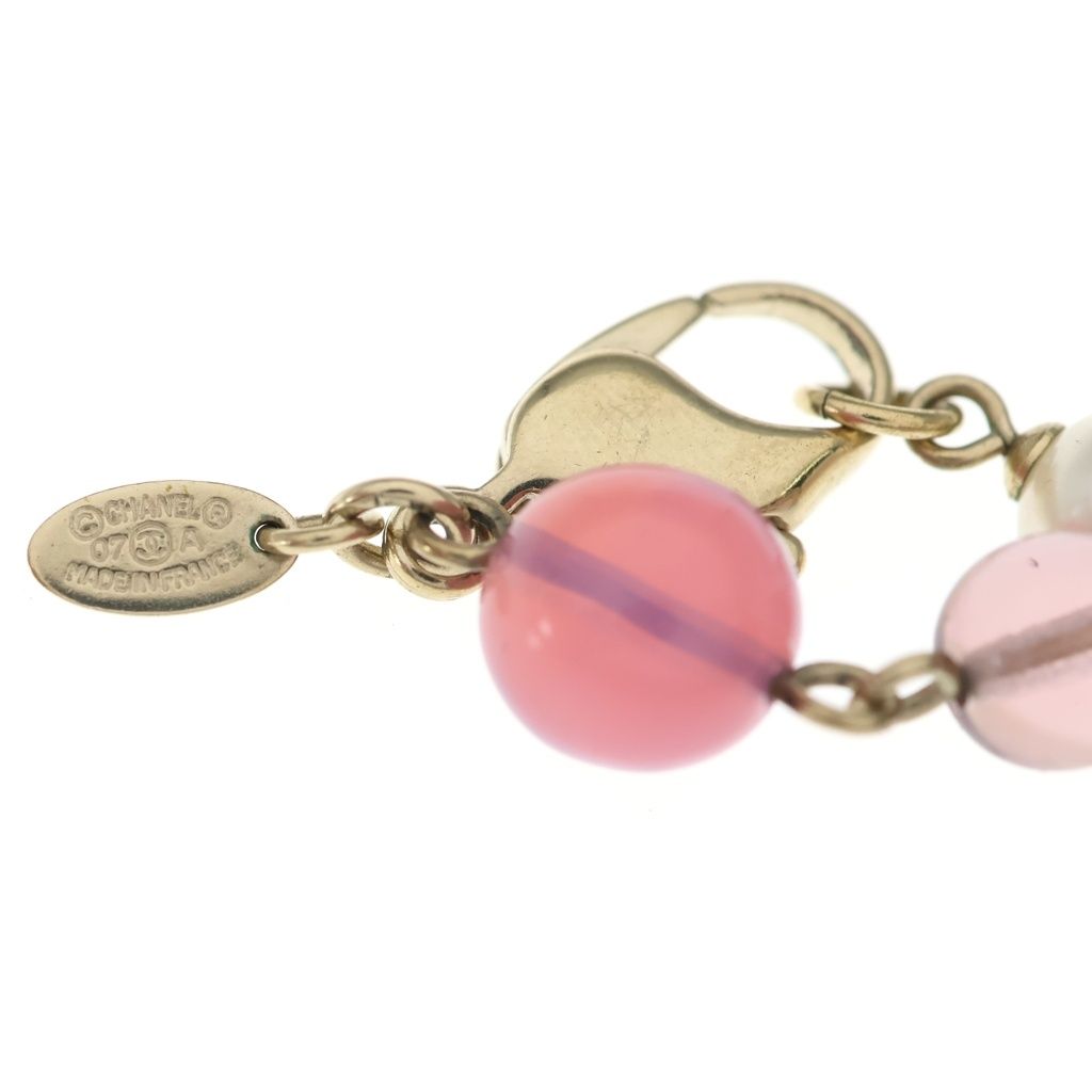 Chanel CC Logo Color Stone Faux Pearl Necklace Pink Gold — view 5