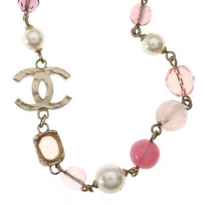 Chanel CC Logo Color Stone Faux Pearl Necklace Pink Gold — view 3