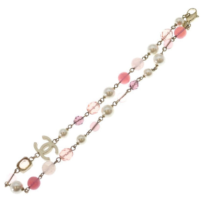 Chanel CC Logo Color Stone Faux Pearl Necklace Pink Gold — view 2