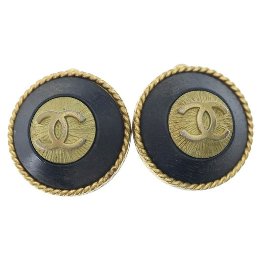 Chanel CC Logo Round Earrings Gold Black