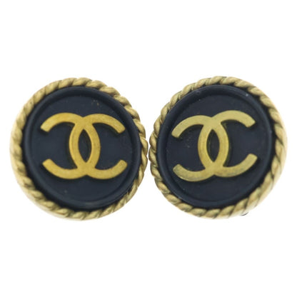 Chanel CC Logo Round Earrings Gold Black