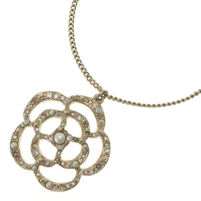 Chanel Camellia Rhinestone Faux Pearl Pendant Chain Gold