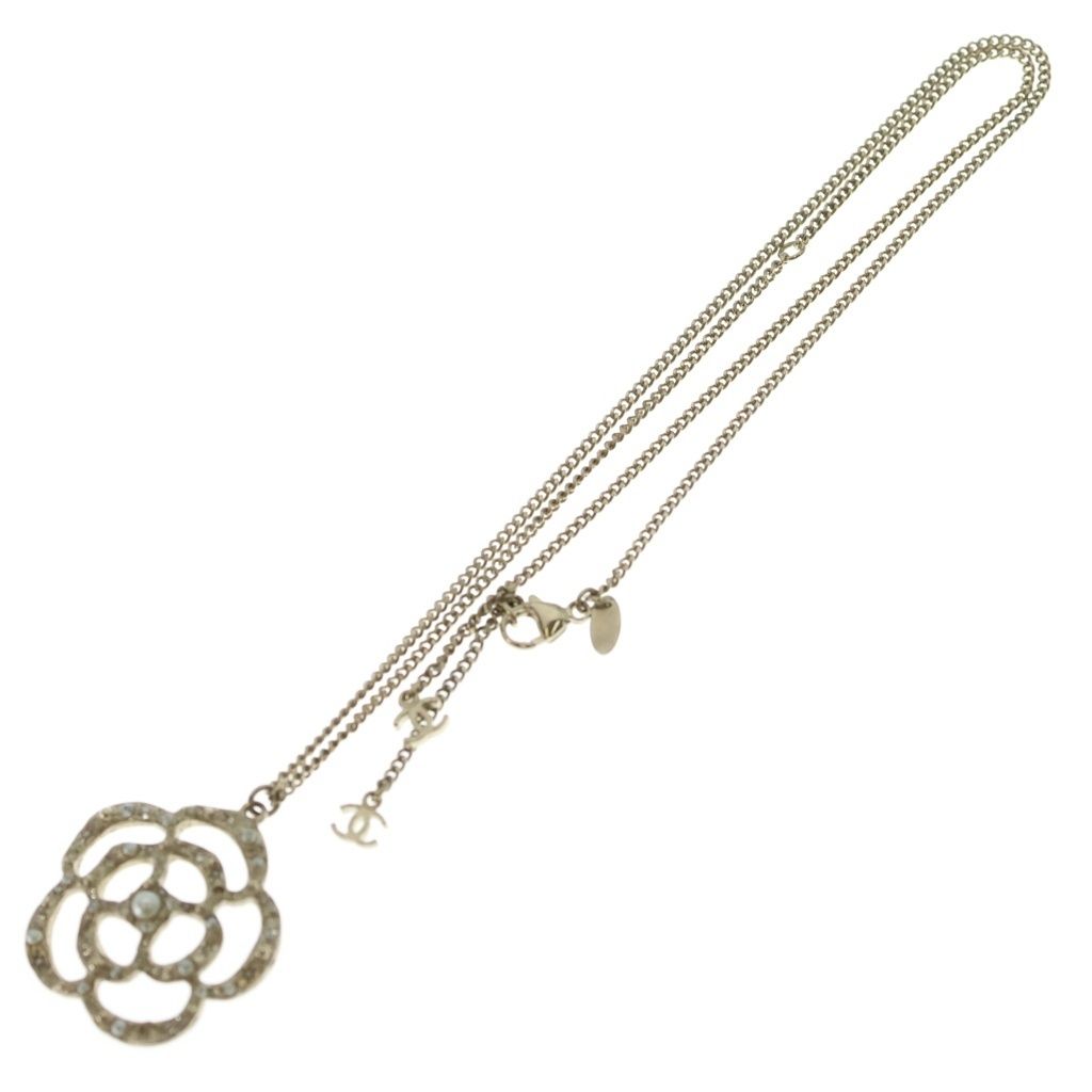 Chanel Camellia Rhinestone Faux Pearl Pendant Chain Gold — view 2