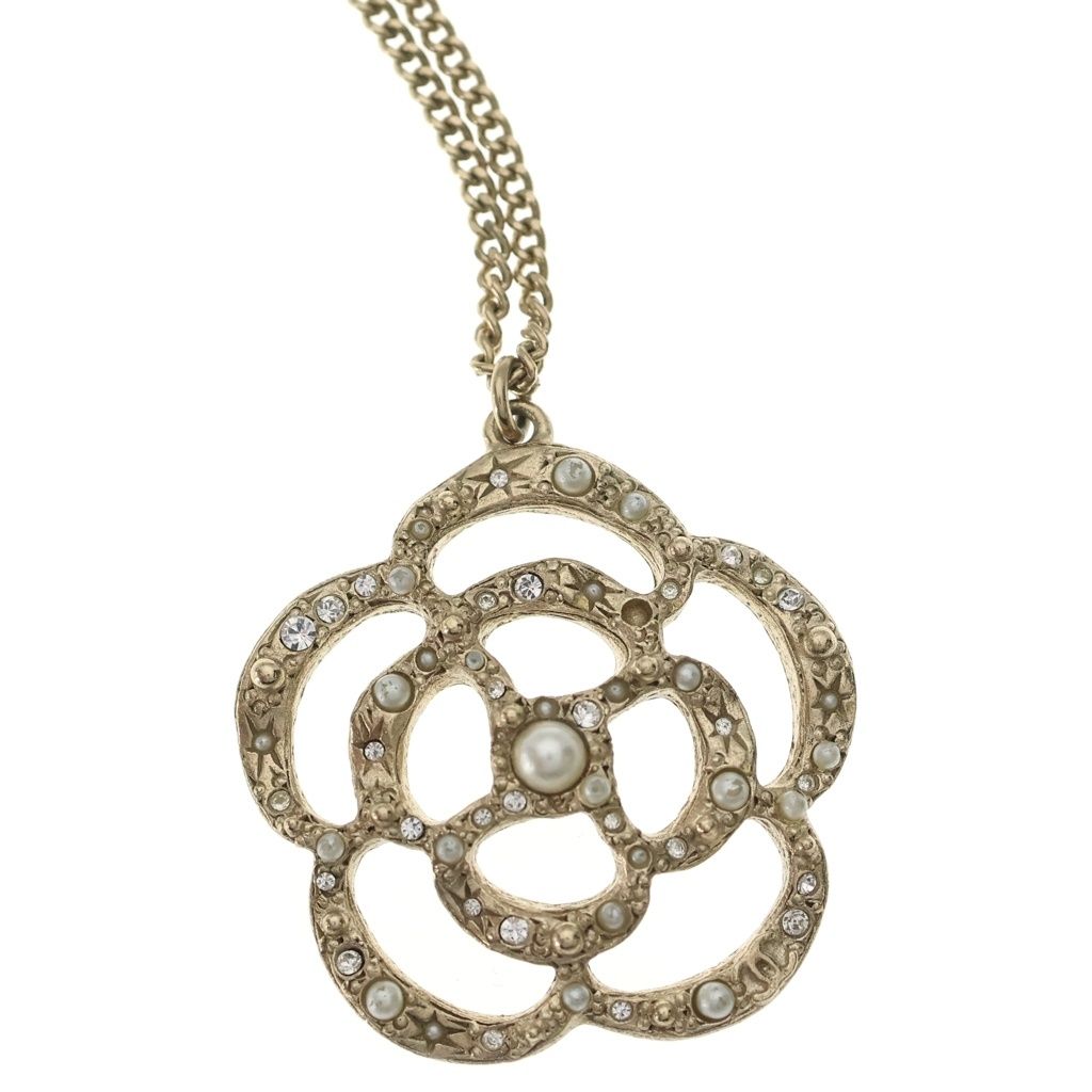 Chanel Camellia Rhinestone Faux Pearl Pendant Chain Gold — view 3
