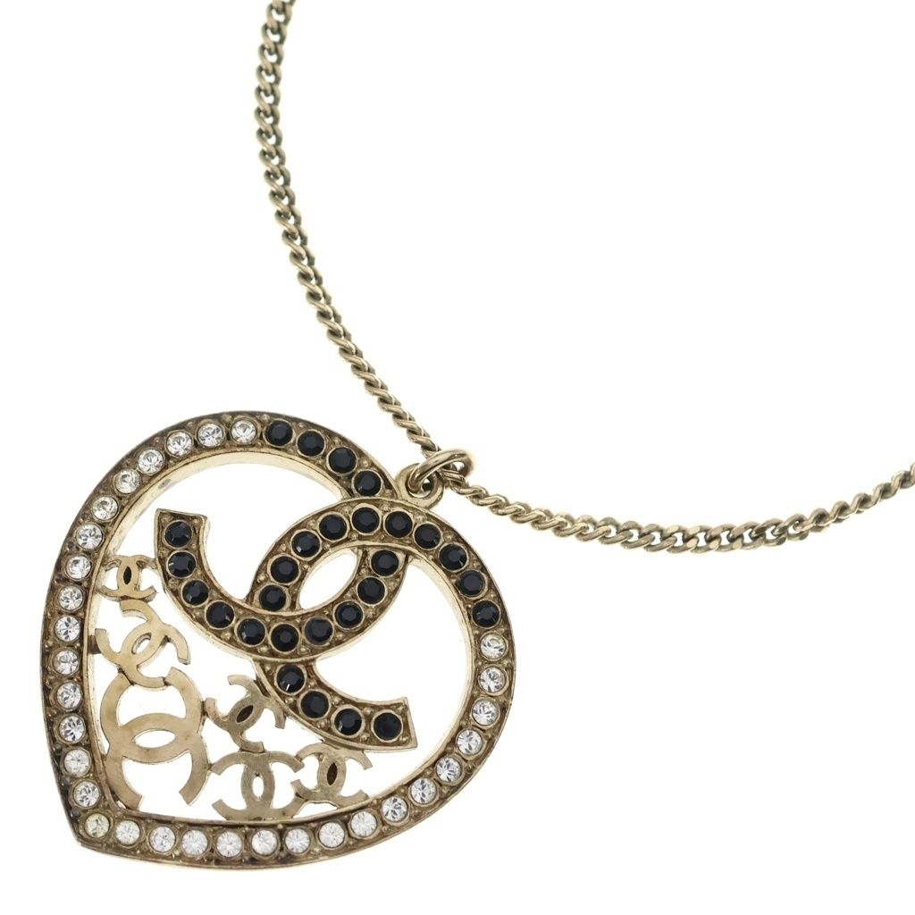 Chanel CC Logo Rhinestone Heart Pendant Chain Gold Black