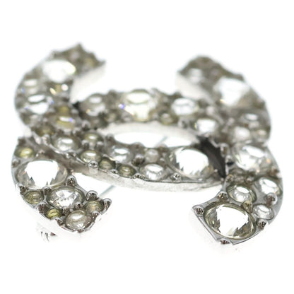 Chanel CC Logo Rhinestone Brooch Pin Badge Silver — view 4