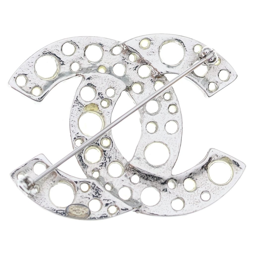 Chanel CC Logo Rhinestone Brooch Pin Badge Silver — view 2
