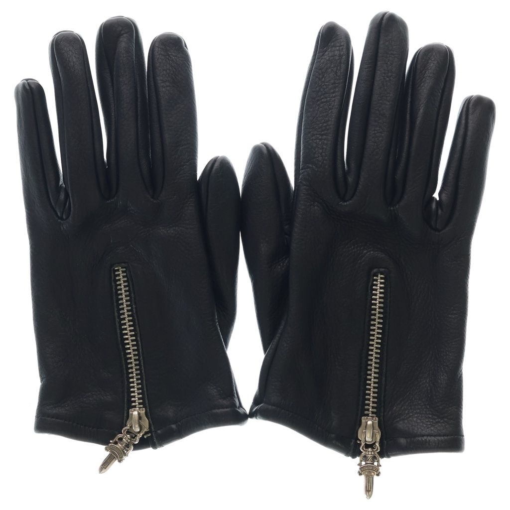 Chrome Hearts Dgr Zip Grove Dagger Zip Leather Glove Black Gloves