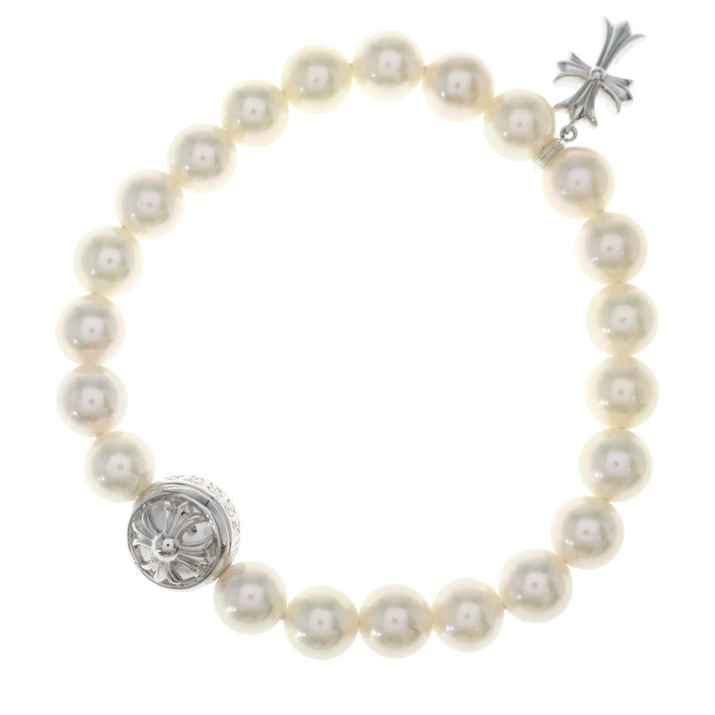 Chrome Hearts Mikimoto Pearl Baby Fat Charm Fat Cross Ball Beads Bracelet 18k