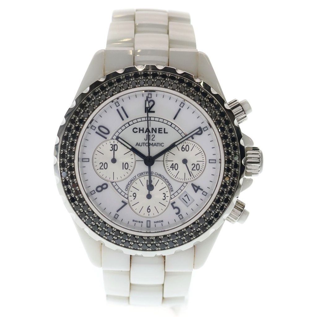 Chanel Black Diamond Bezel Chronograph White Dial Ceramic Automatic Winding