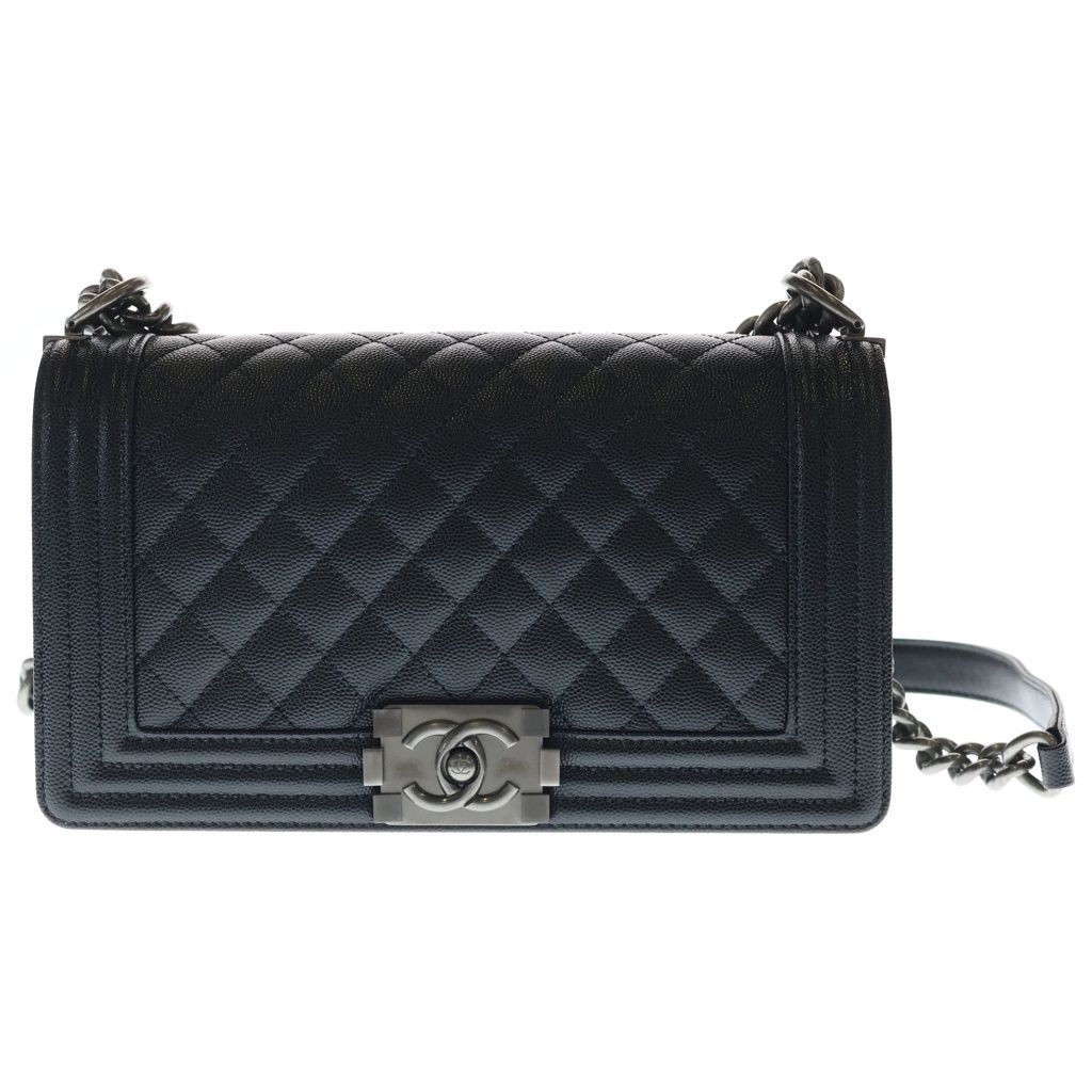 Chanel Boy 25 Caviar Leather Chain Shoulder Bag Silver Black Plate