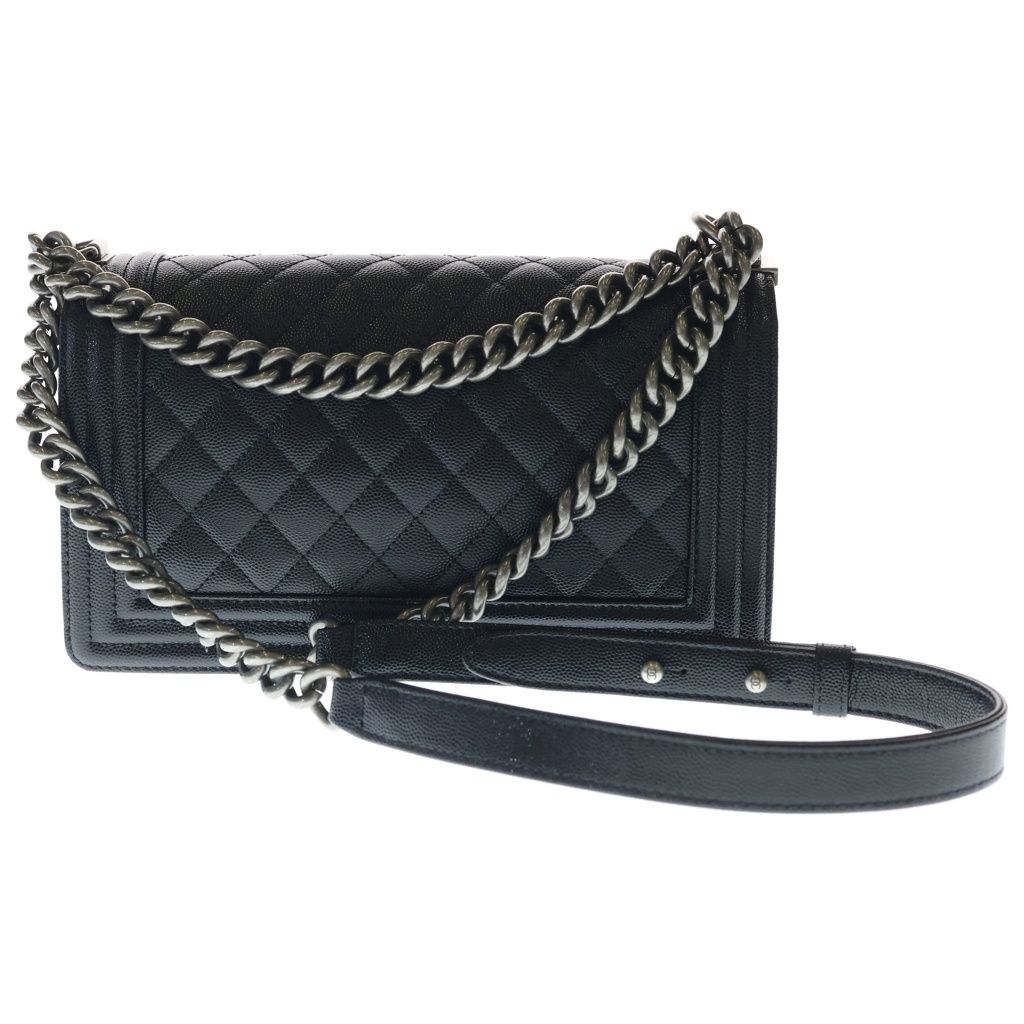 Chanel Boy 25 Caviar Leather Chain Shoulder Bag Silver Black Plate — view 2